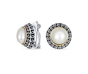 Estilo Bali De Dos Tonos Con Botón De Cúpula De Perla Simulada Blanca Para Mujeres Sin Perforar La Oreja Plateado Y Dorado