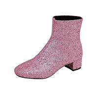 Estilo británico, color sólido, con adornos de lentejuelas, tacón grueso, cremallera lateral, botas cortas amarillas, Rosa., 37 EU