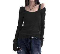 Estilo Camiseta de rayas de punto de dos piezas para mujer 2024 otoño europeo y liso superior nueva capa base top damas brillo, Negro , L
