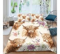 Estilo Campestre Funda Nórdica Vaca Highland Impresión 3D Microfibra Decoración Dormitorio Juego de Cama Animales Suave Transpirable Adultos Single（140x200cm）