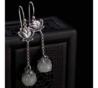 Estilo Chino Eardrop S925 Plata Esterlina Inscrito Vintage Natural Nefrita Blanco Jade Lotus Personalizado Pendientes de Mujer, LJBLEUSK, blanco