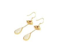 Estilo Chino Eardrop S925 Plata Esterlina Lotus Oro Chapado Nefrita Jade Blanco Temperamento Mujer Pendientes de Gancho para Orejas Largas, LJBLEUSK, blanco