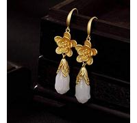 Estilo Chino Eardrop S925 Plata Esterlina Nefrita Lotus Pendientes Plateados en Oro Pendientes de Mujer Premium Pendientes de Medio Largo, LJBLEUSK, el Argent