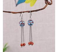 Estilo Chino Eardrop S925 Vintage Silver Female Burned Silver Blue Lotus Bud Gland Thai Silver Mat Pendientes de Ágata Roja Sur Pendientes de Ágata Azul Burnt, LJBLEUSK, azul, rojo