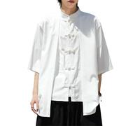 Estilo chino para hombre, cuello alto, botón de rana, algodón, lino, color sólido, ropa de té zen, manga tres cuartos, ajuste holgado, blanco, S