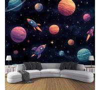 Estilo Ciencia Ficción Espacial Papel Tapiz Fotográfico,Papel Pintado Pared Dormitori 200 × 140 cm,Fotográfico Decorativo Pared Ilustración Un Planeta Cohete,Mural Tela De Seda Azul Marino