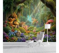 Estilo cuento de hadas fantástico Hongos mágicos del bosque Papel Pintado Fotográfico 300x210cm, Diseño Poster Imagen Moderno Mural Verde para Decoración de Dormitorio Infantil
