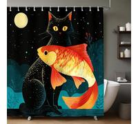 Estilo De Dibujos Animados Cortina de Ducha 240x200 cm Gato y Koi bajo la Luna Cortina de Baño de Poliéster Impermeable y Antimoho, Lavable, con 12 Ganchos