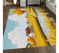 Estilo de ilustración Pastoral otoñal, Alfombra de área de Campos de arroz Dorados, Estanque de cabaña, Alfombra Lavable, Suave Antideslizante para Dormitorio, salón. 150x210cm