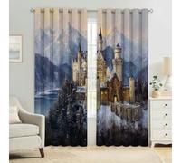 Estilo De Pintura Al óLeo Cortinas Opacas Castillo de la montaña Nevada de Invierno 2 Paneles 70An x 160Al cm Térmicas Aislantes Frío y Calor, Dormitorio, Salón, Oficina y Habitación Infantil