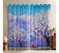 Estilo De Pintura Al óLeo Cortinas Opacas Montañas y cerezos en Flor Térmicas Aislantes y Reducción de Ruido para Dormitorio, Oficina y Salón Paneles 117An x 183Al cm