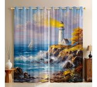 Estilo De Pintura Al óLeo Cortinas Opacas Olas y Faro Cortinas Térmicas Aislantes Frío y Calor con Ojales para Dormitorio y Salón - 2 Piezas 140An x 175Al cm Decoración Moderna