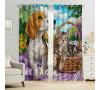 Estilo De Pintura Al óLeo Cortinas Térmicas Animales Beagle y Gato Opacas y Aislantes Frío y Calor para Dormitorio Juvenil y Salón Moderno 2 Paneles 110An x 215Al cm