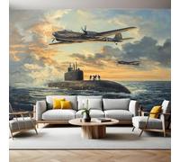 Estilo de Pintura Al óLeo Fotomurales 450x315 cm Submarino oceánico y avión de combate Papel pintado tejido no tejido Decoración de Pared decorativos Murales Bar Dormitorio Fondo de Pared