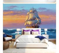 Estilo De Pintura Al óLeo Fotomurales Olas de un velero en el océano Papel Pintado 250x175 cm Fotográfico Tejido No Tejido Fondo de Pantalla Mural Decoración de Pared Sala Cuarto Oficina Salón