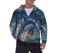 Estilo De Pintura Al Óleo Hombre Chaqueta Invierno Abrigo Forro Polar Cremallera Completa,Delfines Saltando Fuera Del Agua Cazadora Sudadera Termica Fleece Casaca Jacket Chamarra (Azul-Verde,S-5Xl)