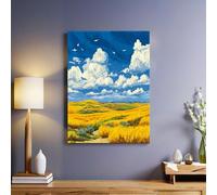 Estilo De Pintura Al óLeo Impresión en lienzo Campos de trigo con cielo azul y nubes blancas cuadros decoración pared salón dormitorio pasillo oficina arte mural moderno 50x40 cm