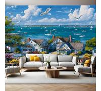 Estilo De Pintura Al óLeo Papel Pintado Pared Panorámico ciudad costera 250 x 175 cm Póster Gigante de Pared Personalizado 3D Para Sala de Estar, Adulto Habitación de Niños, Estudio