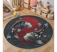 Estilo De Tatuaje Japonés Alfombra Redonda Pintura En Tinta Pez Koi Redondo - Alfombra Negro Antideslizante Pelo Corto Lavable - Alfombras Redonda para Sala Dormitorio Comedor Habitacion Juvenil 120cm