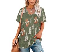 Estilo Dibujos Animados Camiseta De Manga Corta con Cuello En V para Mujer Camiseta Holgada Informal Mangas Cortas De Verano con Lindo Patrón Zorro Y Árbol (Verde)