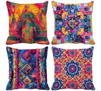 Estilo étnico Fundas Cojines 80x80 Juego de 4 Funda Cojin Bohemia Exterior Impermeables Lino Cuadrado Cushion Covers con Cremallera Oculta para Sala de Estar Sofa Verano Jardín Decoración Regalo t48-1