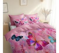 Estilo Fantasía Mariposa Flores Microfibra cepillada para Cama, Cama 80/90-135 x 200 cm, Funda Nórdica de Rosa, Frescas, Antiacaros, Hipoalergenica, para niños y Adultos