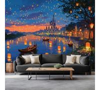 Estilo Fantástico Fotomurale no Tejido Cielo Estrellado Linternas Barcos 400 x 280 cm Papel Pintado Decoración de Pared moderna, Azul Murales póster - Dormitorio Salón TV Pared Murales