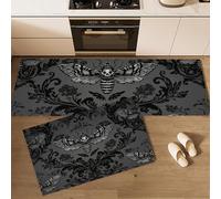 Estilo gótico Brocado de Polilla de la Muerte Juego de alfombras de Cocina de 2 Piezas, alfombras y tapetes de Cocina Antideslizantes y Lavables 50x80+50x150cm Alfombra de Piso Negro