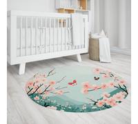 Estilo japonés 100cm Alfombra Redonda con Respaldo de Goma Mariposas Lavables Estampado de Flores de Cerezo Tapetes Delgados para Patio Porche