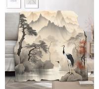 Estilo JaponéS Paisaje Grullas de Corona Roja Manta Sofa Polar de Franela Supersuave y Acogedora 100x130 cm Pintura con Tinta Manta Cama Multifuncional Esponjosa para Dormitorio Sofá Viajes