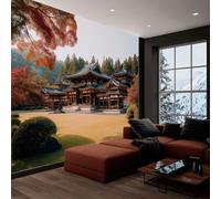 Estilo Japonés Papel Pintado Efecto 3D 500 x 280 cm, Papel tapiz fotográfico Arquitectura Bosque Montañas Fotomurales Pared Tejido No Tejido Moderna Decoración De Pared Sala Cuarto Oficina Salón