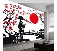 Estilo Japonés Papel Pintado Mural de Pared, 200 x 140 cm Decoración Moderna, Arquitectura Con Sol Rojo Diseño de Pared para Salón, Dormitorio, Oficina, Pasillo, Póster