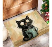 Estilo Lindo Felpudo Antideslizante - Taza Café Pintada A Mano con Un Gato Negro Trampa de Tierra Felpudo Exterior e Interior para una Entrada Limpia - Fácil de Cuidar - Beige