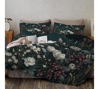 Estilo naturalista Juego de Ropa de Cama de 2 Piezas, Microfibra,Suave Transpirable Flores Bayas Juego de Fundas Edredón con 1 Funda Nórdica 135x200 cm + 1 Funda de Almohada 65x65cm Gris-Verde