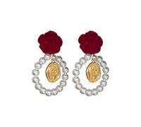 Estilo noble francés, diseño de alta gama, sentido de minoría, pendientes de terciopelo rojo con flores de rosa, elegantes y retro, exquisitos