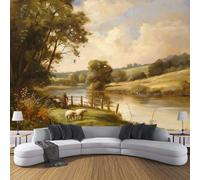 estilo nórdico Flores sobre Fondo de amarillo verdoso, Papel Pintado Fotográfico - 200 x 140 cm, Seda Premium Mural Decorativo Pintura al óleo de rancho para Dormitorio o Salón