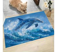 Estilo Pintura Al Óleo Felpudo Antideslizante - 40 x 60 cmDelfín Dibujos Animados Trampa de Tierra Felpudo Exterior e Interior para Entrada Limpia - Fácil de Cuidar - Azul