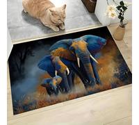 Estilo Pintura Al Óleo Felpudo Antideslizante - 80 x 120 cmElefantes Padres Africanos Trampa de Tierra Felpudo Exterior e Interior para Entrada Limpia - Fácil de Cuidar - Azul Oscuro