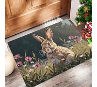 Estilo Pintura Al Óleo Felpudo Antideslizante - Lindo Conejo Flores Silvestres Trampa de Tierra Felpudo Exterior e Interior para una Entrada Limpia - Fácil de Cuidar - Verde