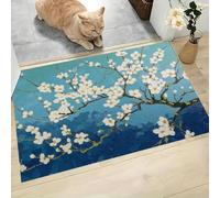Estilo Pintura Óleo Felpudo Antideslizante - 50 x 80 cmRamas Flor Albaricoque Trampa de Tierra Felpudo Exterior e Interior para una Entrada Limpia - Fácil de Cuidar - Azul Cielo