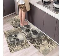 Estilo Retro Hojas de cráneo Humano Juego de alfombras de Cocina de 2 Piezas, alfombras y tapetes de Cocina Antideslizantes y Lavables 40x60+40x120cm Alfombra de Piso En Blanco y Negro