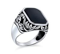Estilo Retro Vintage Hoja Vid Acento Negro Ónix Piedra Preciosa Octágono Rectángulo Anillo De Sello Occidental Joyería Para Hombres Pesado Oxidado .925 Plata Esterlina Hecho A Mano En Turquía