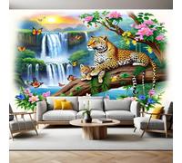 Estilo Rompecabezas Fotomurales Flores y guepardos Papel Pintado 250x175 cm Fotográfico Tejido No Tejido Fondo de Pantalla Mural Decoración de Pared Sala Cuarto Oficina Salón