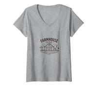 Estilo rústico de Granja Escena de Granero Vintage Country Decor Camiseta Cuello V, Mujer, Gris Jaspeado, L