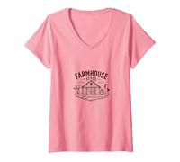Estilo rústico de Granja Escena de Granero Vintage Country Decor Camiseta Cuello V, Mujer, Rosado, L