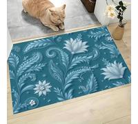 Estilo Tradicional Indio Felpudo Antideslizante - 90 x 150 cmLíneas Plantas Flores Silvestres Trampa de Tierra Felpudo Exterior e Interior para una Entrada Limpia - Fácil de Cuidar - Azul Lago