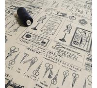 Estilo Vintage tema costura tela impresa de algodón - palabras en francés y tijera iconos crema y azul marino Impresión - se vende por metros