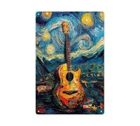 Estilos Clásicos De Patrones De Pintura Al Óleo con Remolinos De Guitarra En La Noche Estrellada Placa Metálica Divertido Letrero De Metal Vintage Letrero De Lata para Taller Granja 20X30Cm