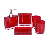Estink Juego de Accesorios de Baño Acrílico, 5 Piezas, Dispensador de Jabón, Portacepillos, Jabonera, 2 Vasos, Rojo