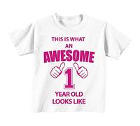 Esto Es Lo Que Un Impresionante 1 año Old Looks like camiseta de color blanco rosa texto 1st cumpleaños de niños para bebé disponible en tamaños 0 - 6 meses a 14 - 15 años nuevo bebé hermana regalo blanco blanco Talla:5-6 años